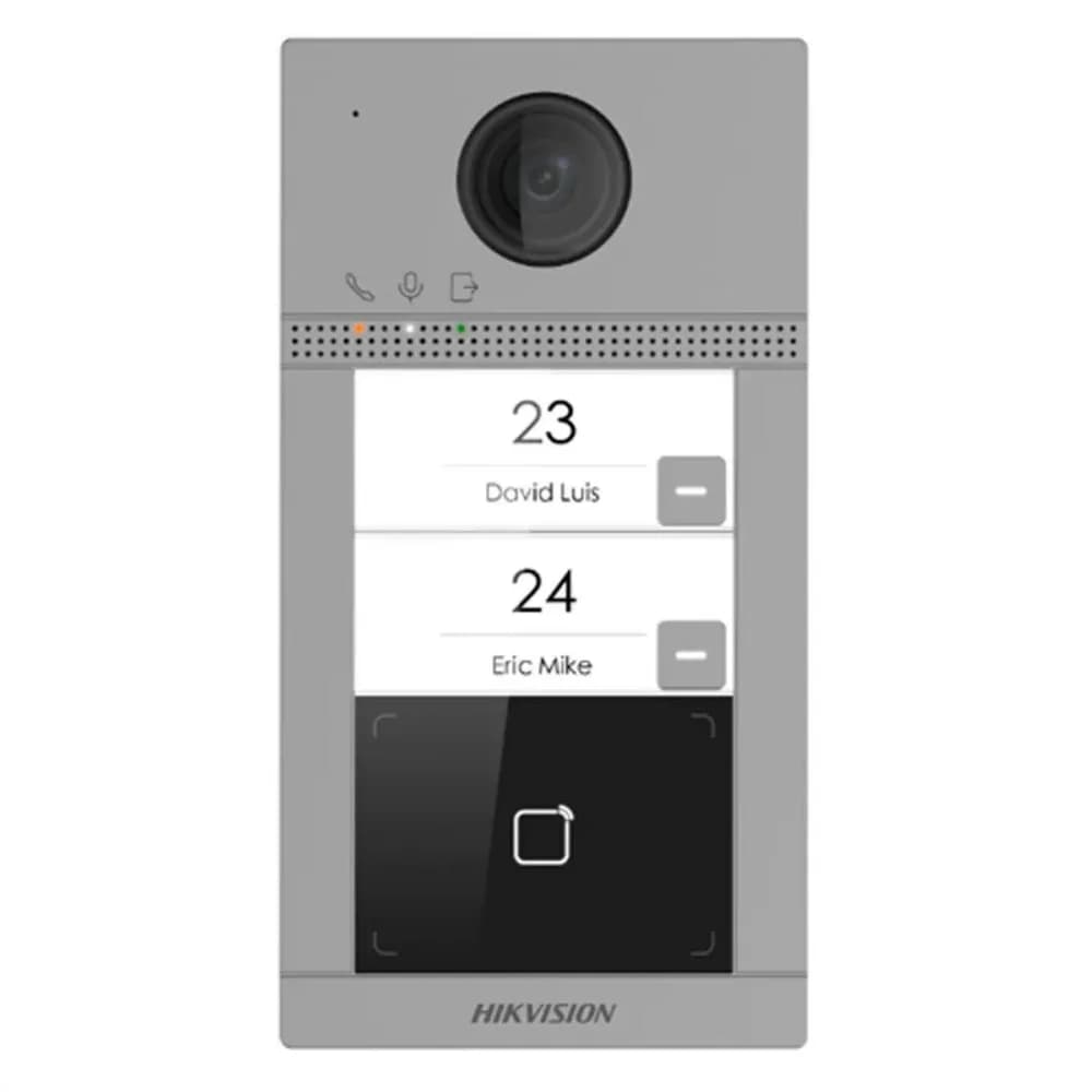 Post de exterior videointerfon IP Hikvision DS-KV8213-WME1(C); WIFI; 2 x buton de apelare(Support web configuration); camera video 2MP True WDR unghivizualizare: Horizontal: 124° Vertical: 75°, vizualizare pe timp de noapte IR maxim 3 metri; comunicare audio bidirectionala; cititor de card