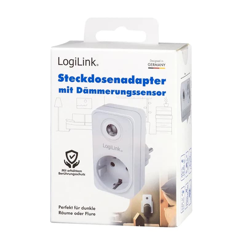 ADAPTOR LOGILINK, senzor lumina zi/noapte, indicator LED, Schuko x 1, IP20, 230 V/16 A, 50 Hz, max. 3600 W (max 1000 W pentru lampa halogen), alb "PA0263" (include TV 0.18lei) — miniatură