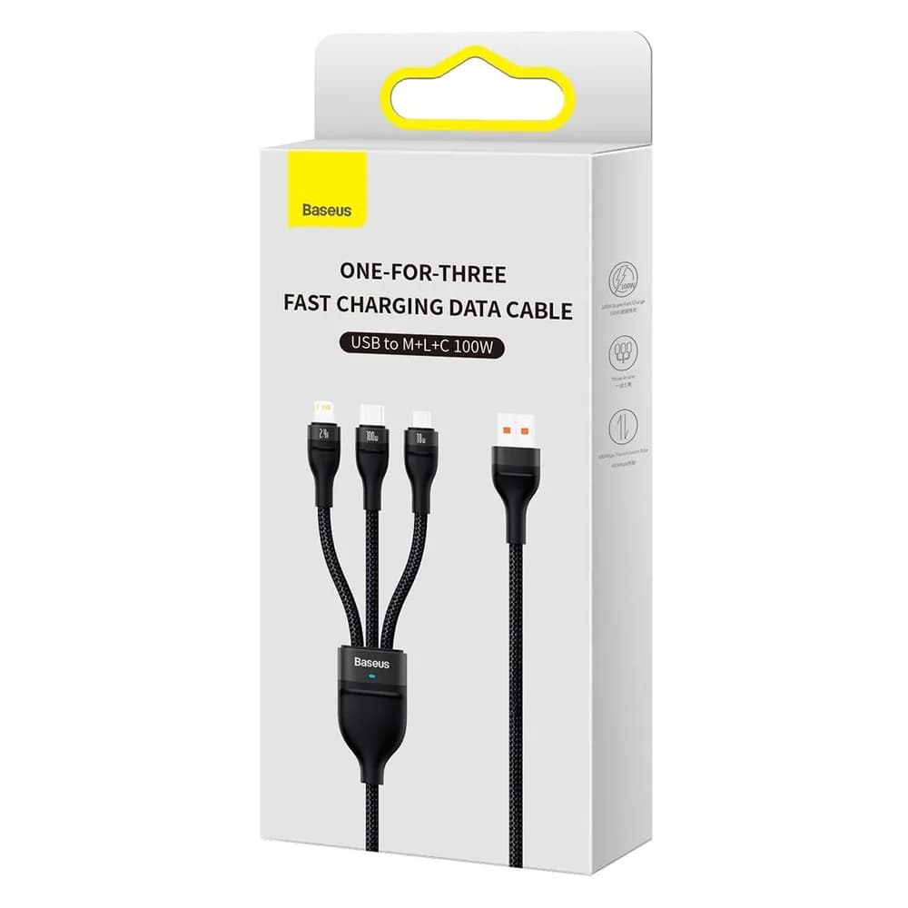 CABLU alimentare si date Baseus Flash, One-for-three Retractable, pt smartphone,USB la Micro-USB+Lightning + USB Type-C 100W, 1.2m, negru "CASS030001" - 6932172608712 — miniatură