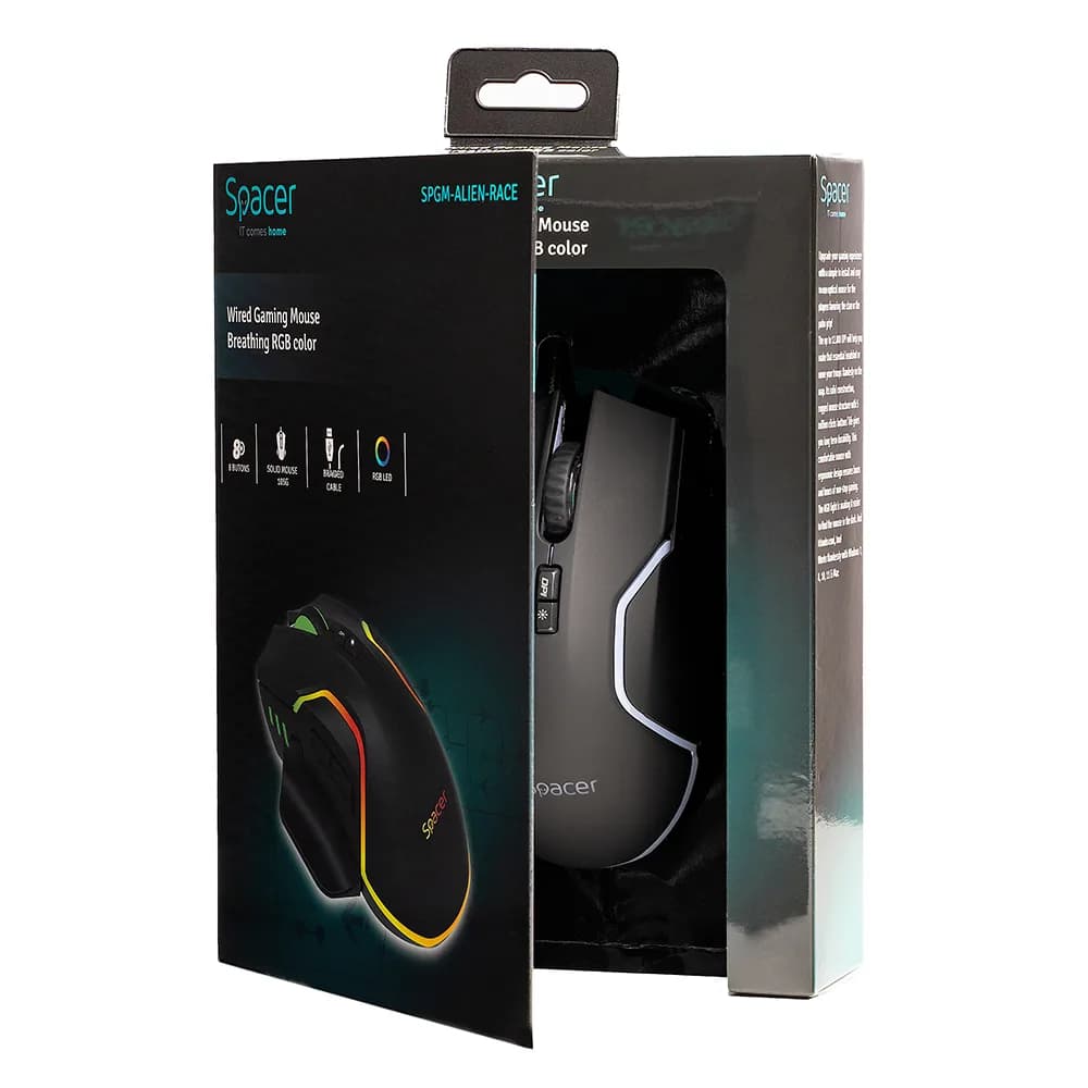 MOUSE Spacer - gaming, gaming, cu fir, USB, optic, 12.000 dpi, butoane/scroll 8/1, iluminare RGB, negru, "SPGM-ALIEN-RACE" — miniatură
