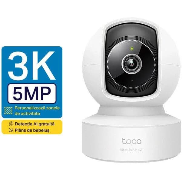 Camera Wi-Fi home security TP Link, senzor 1/3" Progressive Scan CMOS Starlight Sensor, Focal Length: 4 mm, Aperture: F2.2, Pan Mechanical Range: 340° (360° Pan Coverage), Tilt Mechanical Range: 69° (110° Tilt Coverage), 850 nm IR LED, rezolutie maxima 2880 × 1620 px, frame rate 15/20/25/30 fps
