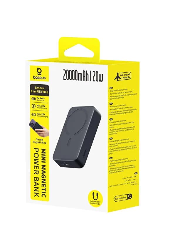 POWER BANK Baseus EnerFill FM41 Mini Magnetic, include cablu USB Type-C la USB Type-C 20V/3A 30cm, capacitate 20000mAh 20W, negru "E0027U00" - 6932172699277 — miniatură