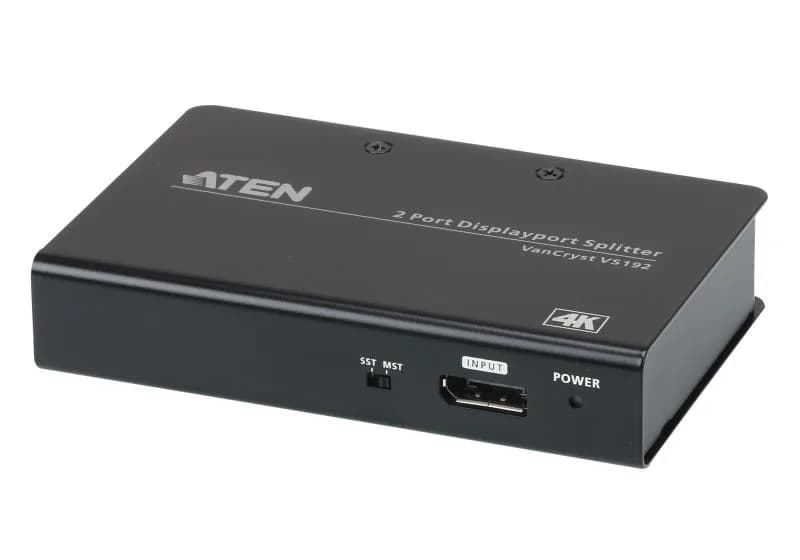 Splitter Aten VS192-AT-G. Video Type portul: DisplayPort, Iesire video: 2x DisplayPort. Rezoluţia maximă: 4096 x 2160 Pixel, Culoarea produsului: Negru, Material carcasă: Metal. Tensiune AC intrare: 5 V, Consum de energie (tipic): 1,185 W. Lățime: 80 mm, Adâncime: 125 mm, Înălţime: 25 mm. Lăţime de