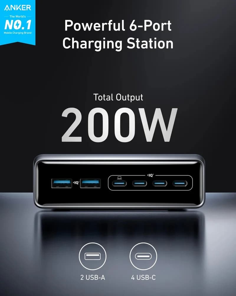 Alimentator retea Anker, 200W, GaN, 4 x USB-C, 2 x USB-A, QC, PD, argintiu, "A2683341" - 0194644041007 — miniatură