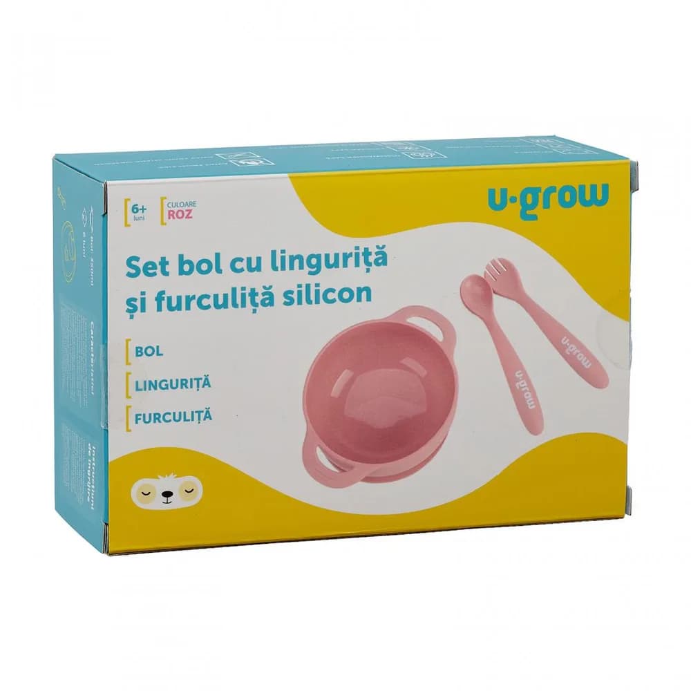 Set bol cu lingurita si furculita silicon, roz, U-Grow — miniatură