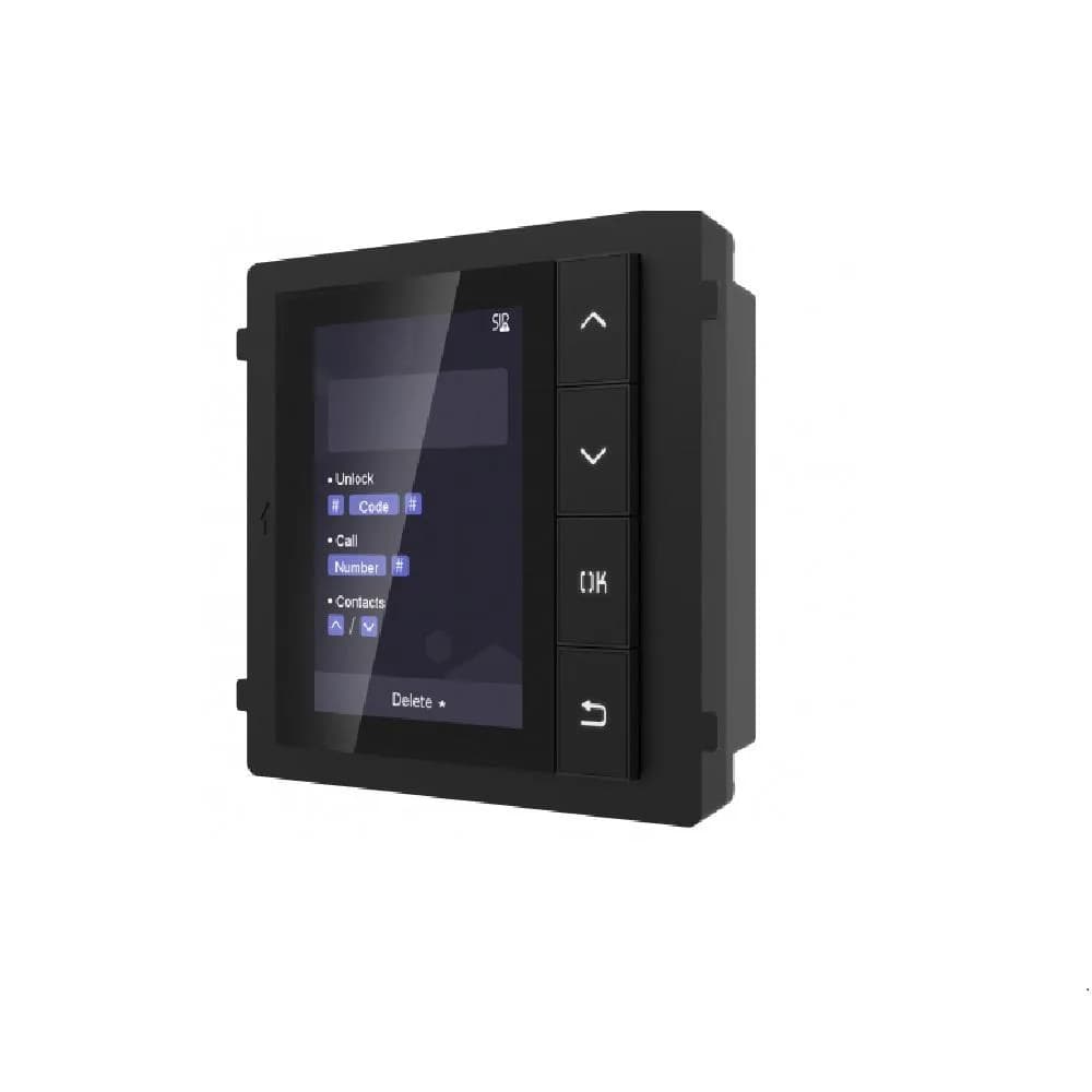 Modul de afisare pentru videointerfon modular Hikvision DS-KD-DIS; ecran LCD 3.5 inch, rezolutie 320x480P; 4 butoane de operare; memorie pentru 500 de contacte; apelare din lista de contacte; deschidere usa cu Pin cu ajutorul modului de tastatura( nu este inclus); montare aplicata sau ingropata — miniatură