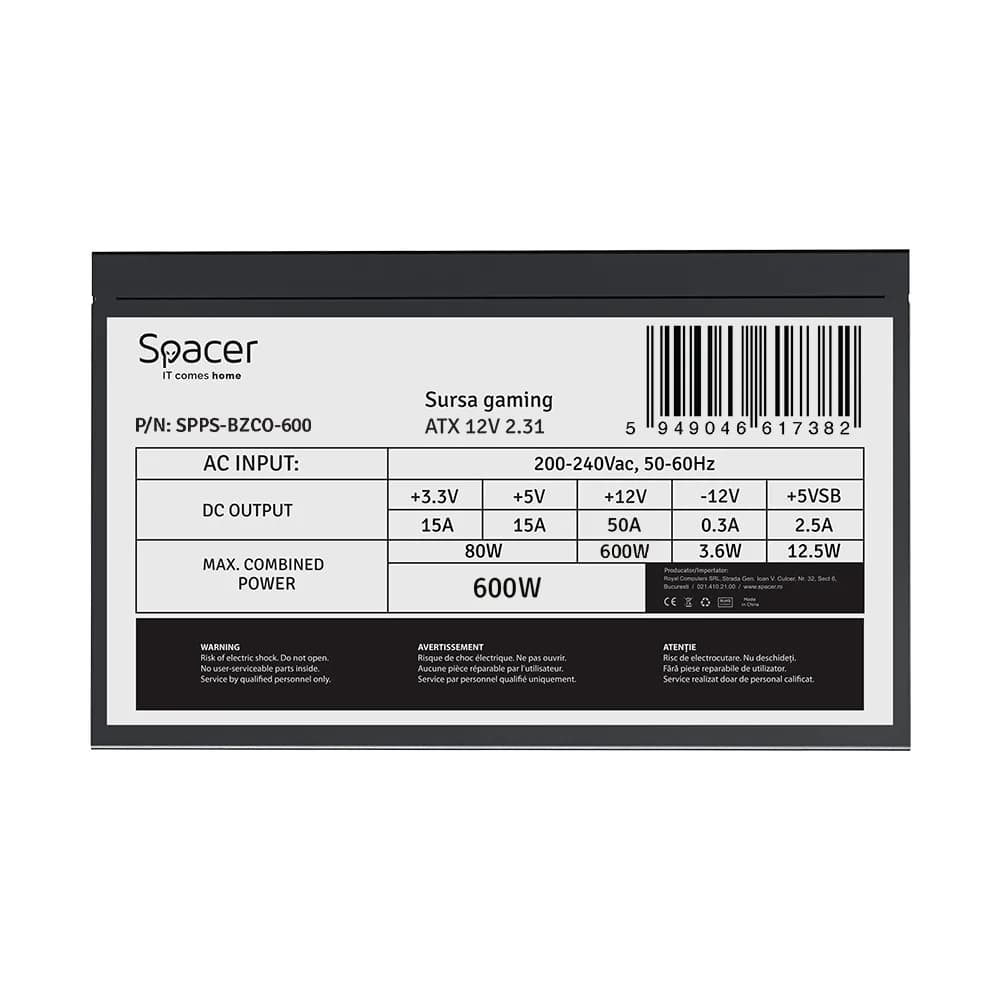 SURSA SPACER BZCO-600 80+ Bronze compatible, 600W, fan 120mm, MB (20+4) x1, CPU (4+4) x1, PCI-E (6+2) x2, SATA x5, Molex x1, *retail* "SPPS-BZCO-600" — miniatură