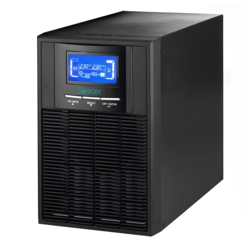 UPS Spacer Online, LCD, 1000VA/ 900W, AVR, sin. pura, 3 x socket Schuko, display LCD, 2 x baterie 12V/9Ah, conector USB, RS-232, EPO, slot SNMP