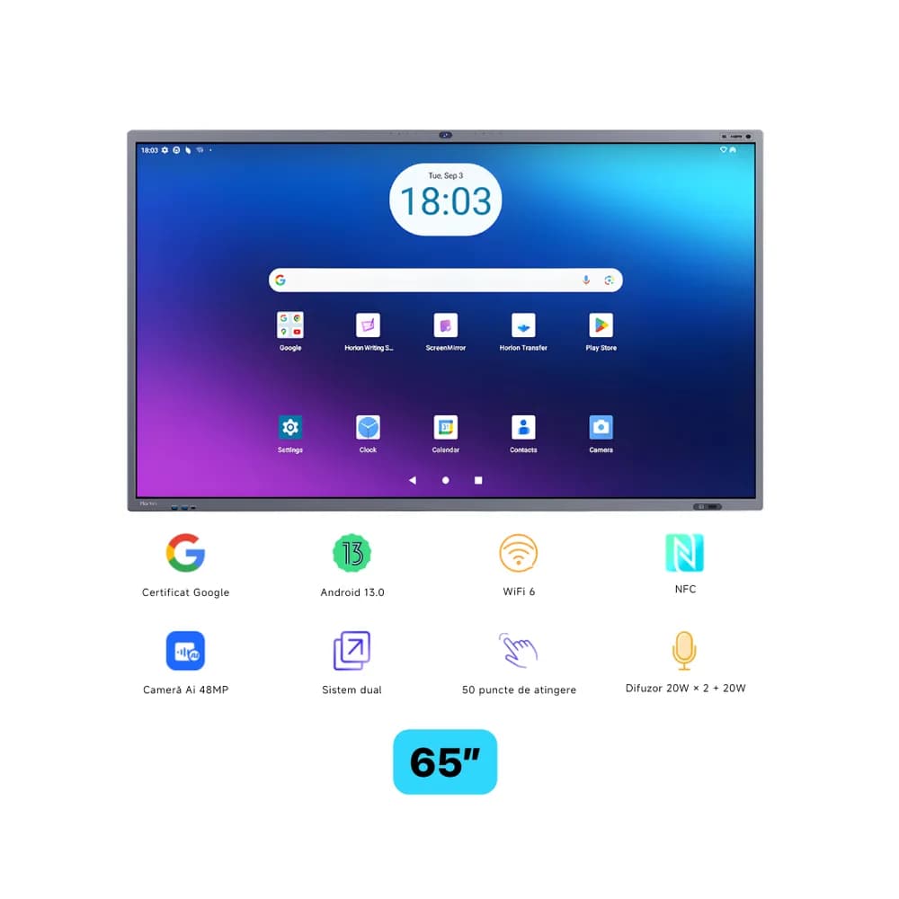 Ecran interactiv HORION 65M6APro, 65 inch, 8GB DDR4 + 128GB Standard, Android 13, A31D2, octa core A "HO-65M6APRO"