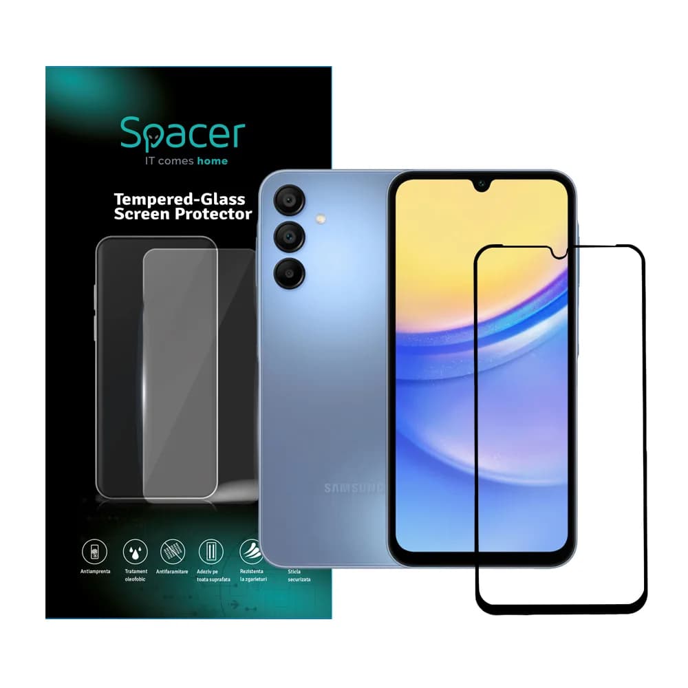 FOLIE STICLA Spacer pentru Samsung Galaxy A15, grosime 0.3mm, acoperire totala ecran, strat special anti-ulei si anti-amprenta, Tempered Glass, sticla 9D, duritate 9H "SPPG-SM-GX-A15-TG"