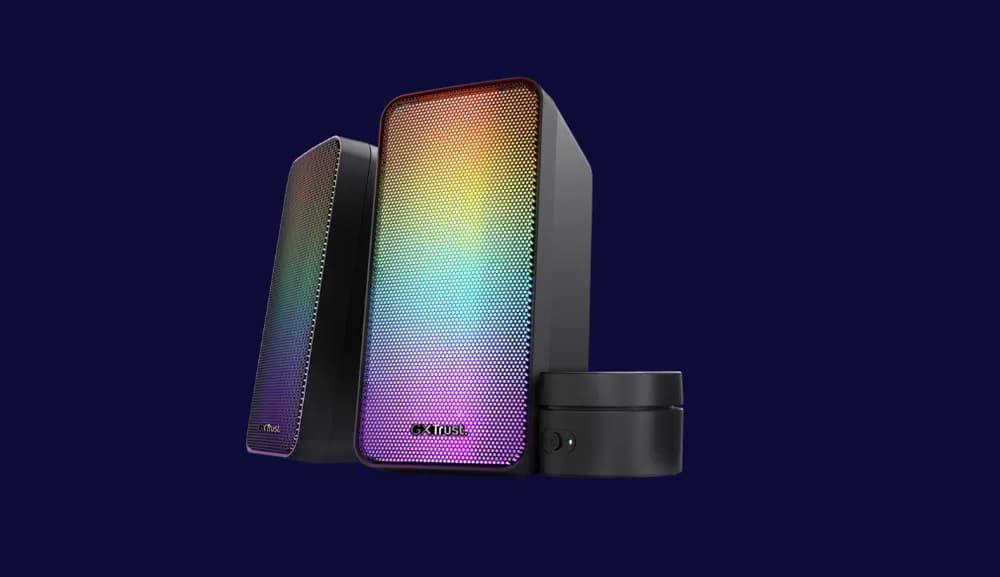 Trust GXT 611 WEZZ 2.0 Speaker Set LED  Remote control wired Controls on/off, volume control, right Connection type wired Cable length power cable 180 cm Cable length audio cable 180 cm Cable length satellite cable 120 cm  Power output (peak) 12 W Power output (RMS) 6 W Power output - satellite