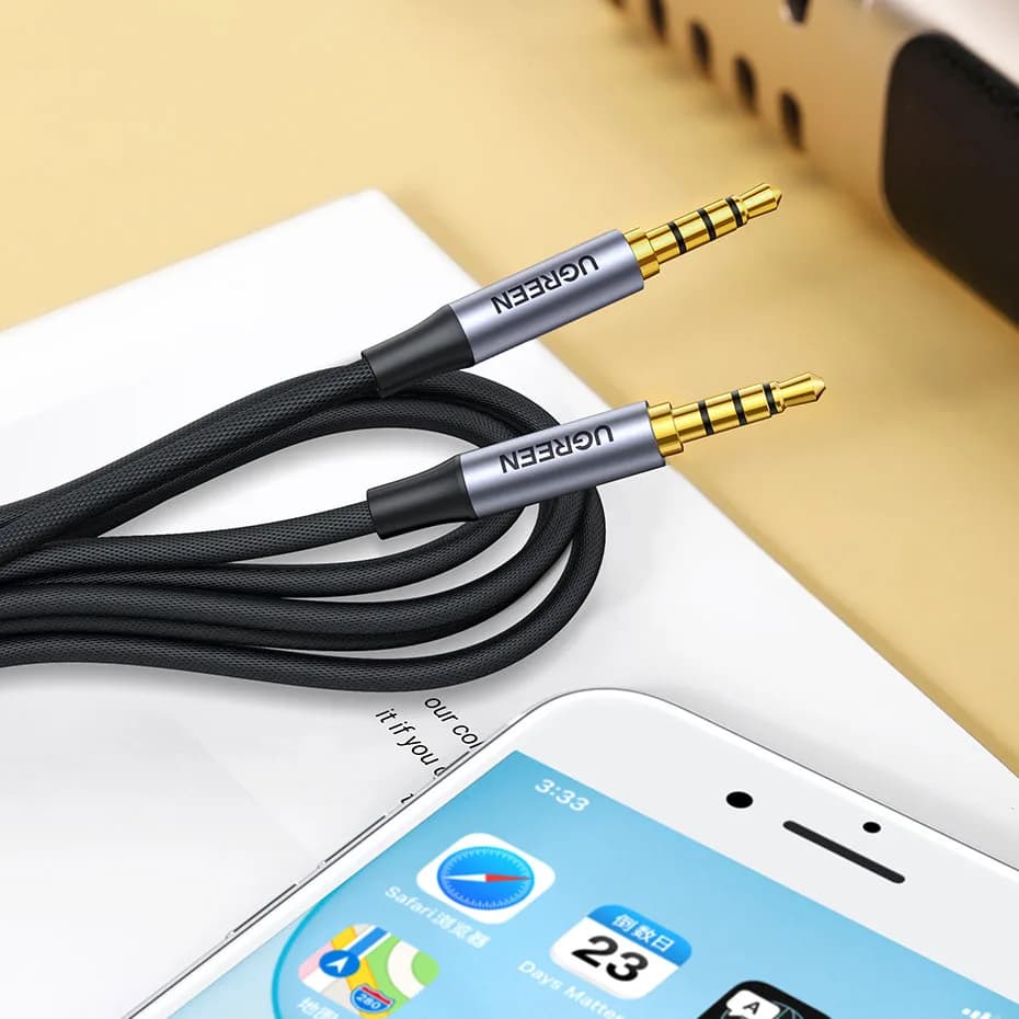 CABLU audio Ugreen, "AV183" stereo 4-pini (3.5 mm jack T/T), conectori auriti, 2m, braided, negru "20782" - 6957303827824 — miniatură