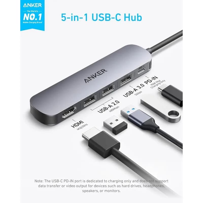 DOCKING Station Anker 5-in-1, porturi: 1 x USB-C, 3 x USB-A, 1 x HDMI 4K la 30Hz, PD 90W, conectare prin USB-C, gri, "A8357HA0" ( - 0194644289133 — miniatură