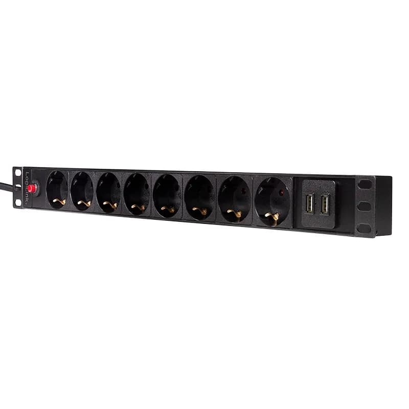 PDU LOGILINK 1U pt. rack 19 inch, 8 prize Schuko, intrare Schuko, max 16 A, on/off, protectie la supratensiune, 2 x USB 2.1A, 2 m, "PDU8C02" — miniatură
