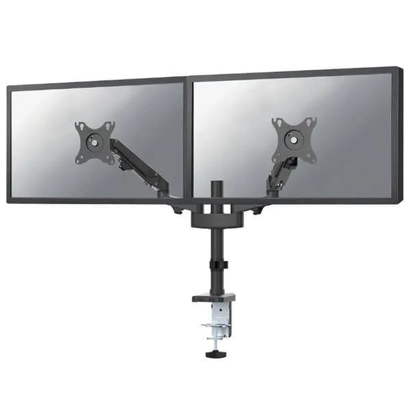 Brat de birou pentru monitor Neomounts, poate sustine 2 monitoare cu diagonala display 17-27", suporta pana la 14kg per monitor, full motion, +45°, -45° inclinatie, +90°, -90° swivel, +180°, -180° rotatie, VESA min 75x75, VESA max 100x100, reglabil pe inaltime: 7,3-48,1 cm, negru.