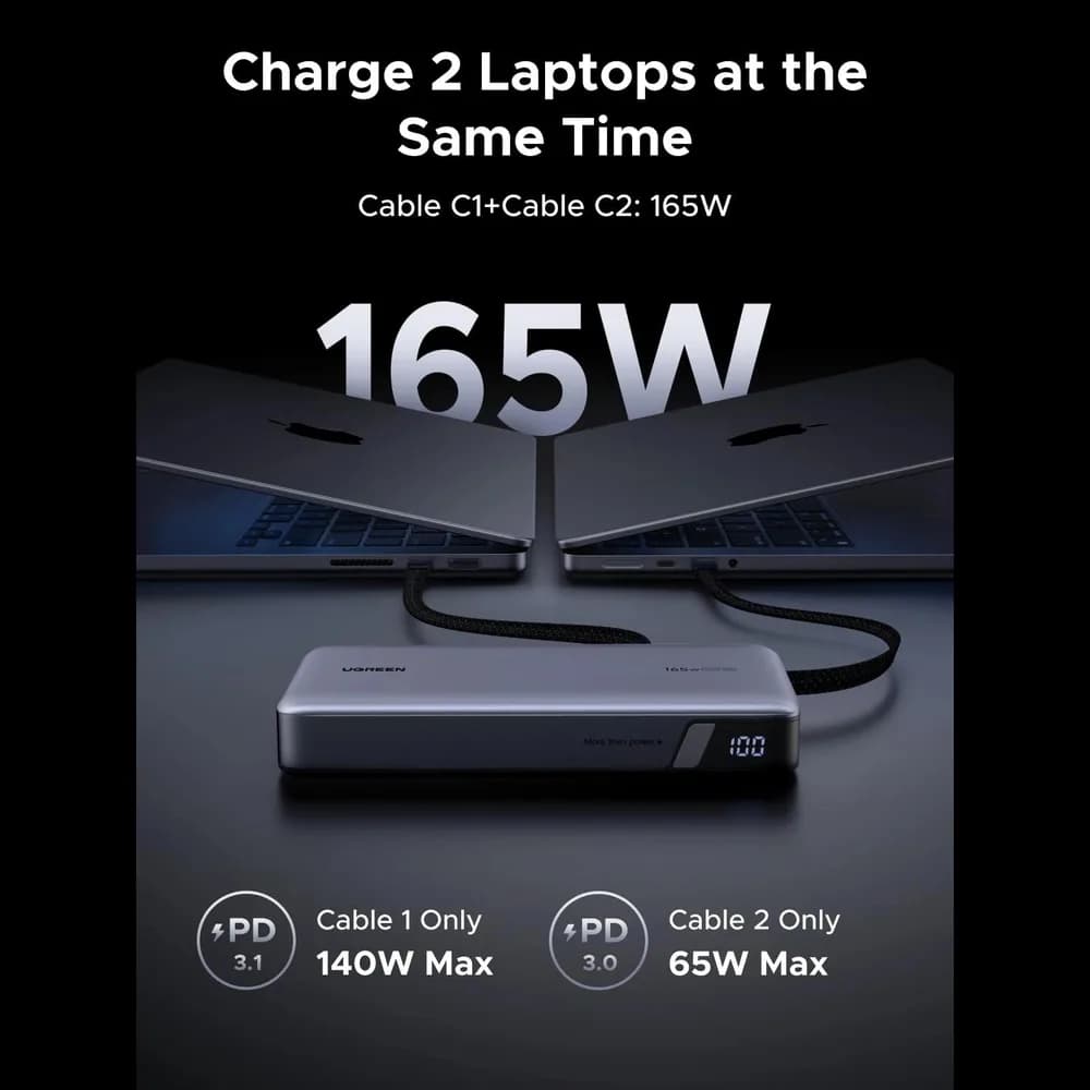 POWER BANK Ugreen "PB552", 25000mAh, 165W PD3.0, 1 x USB, 1 x USB Type-C, 1 x USB Type-C integrat, display, gri, "55995B" — miniatură