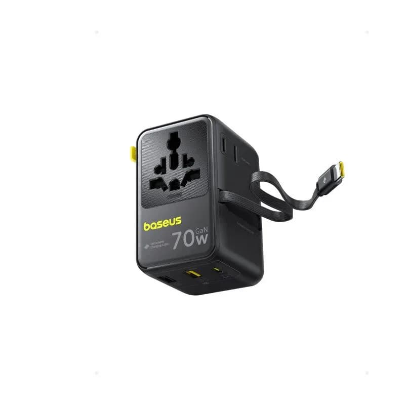 INCARCATOR retea Baseus EnerCore CG11, 70W, adaptor universal de retea, 2 x AC, 2 x USB, 2 x USB Type-C, cablu retractabil USB Type-C, negru "E0307E00" (include TV 0.18lei) - 6932172696474 — miniatură