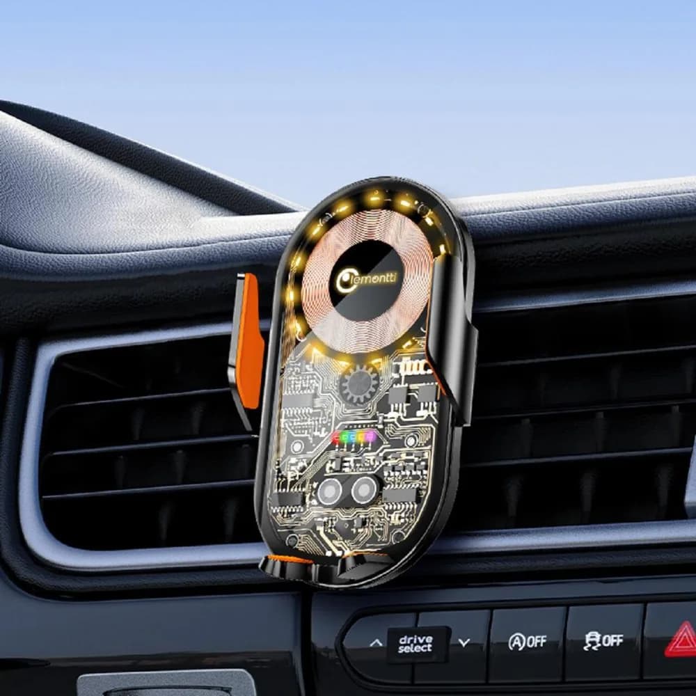 Lemontti Suport Auto cu incarcare Wireless, 15W, deschidere automata prin senzor infrarosu, prindere la ventilatie, cablu Type-C inclus, Transparent Negru