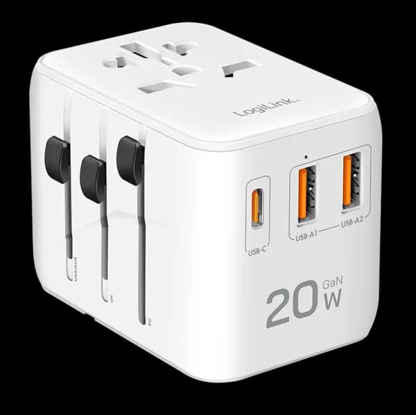 ALIMENTATOR retea 220V LOGILINK, universal, 1 x USB-C, 2 x USB-A, maxim 12V/1.67A, PD 20W, suport OCP/OVP/OHP/SCP, compatibil EU/AUS/US/UK, alb, "PA0356" — miniatură
