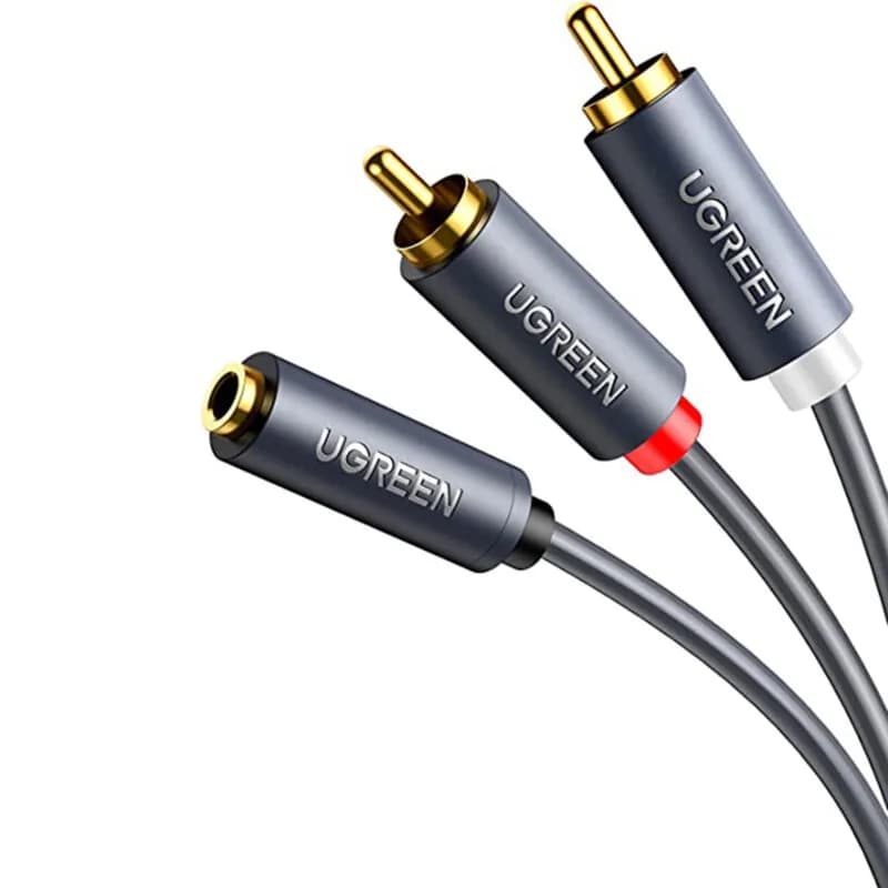 CABLU audio Ugreen, "AV102" stereo 3.5 mm jack (M) la 2 x RCA (T), 1m, conectori auriti, gri "10588" - 6957303815883
