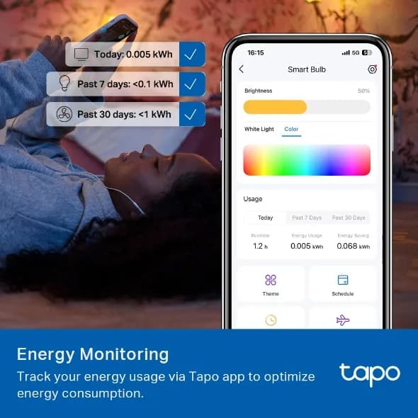 BEC LED wireless TP-LINK, 1055lm, 8.6W, E27, intensitate reglabila, control prin smartph.cu apl.Tapo, ajustare auto a luminii in fct. de mom zilei-diferite culori "Tapo L535E" — miniatură