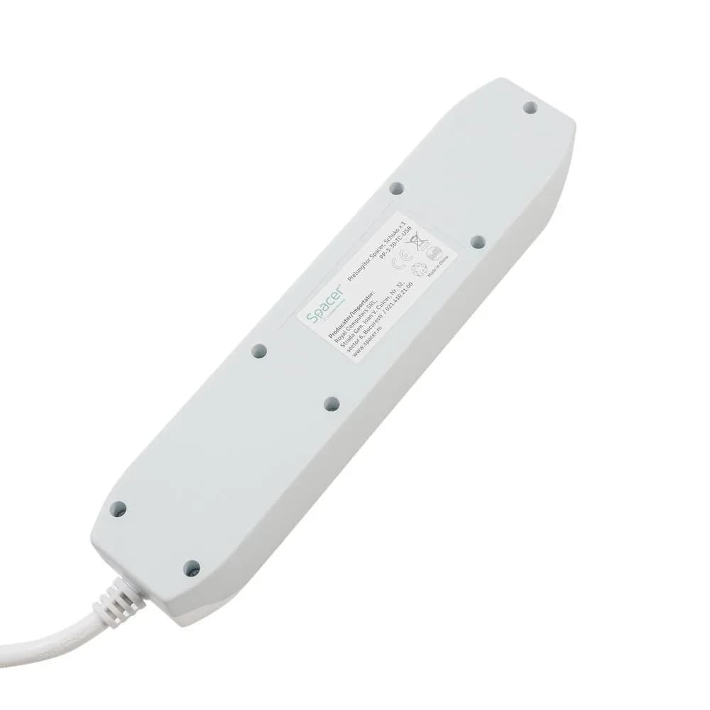 PRELUNGITOR SPACER, Schuko x 3, conectare prin Schuko (T),Type-C x1, USB x 1, 3.1A, cablu 3m, 16 A, max. 3500W, protectie copii, protectie supratensiune, Gri-Alb — miniatură