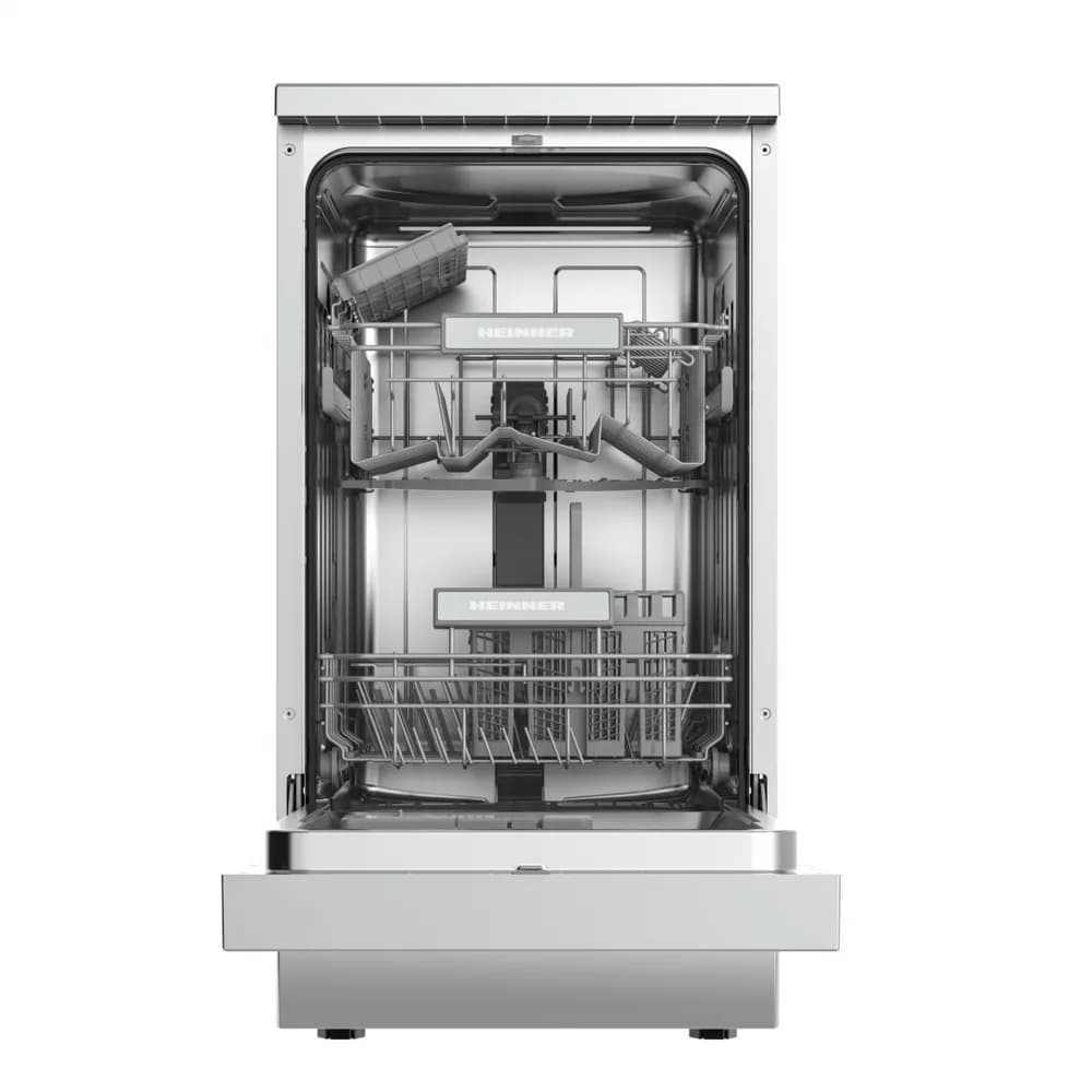 MASINA DE SPALAT VASE HEINNER HDW-FSM45609DWE++. 9 SETURI, CLASA DE EFICIENTA ENERGETICA E, CONTROL ELECTRONIC, DISPLAY DIGITAL, 6 PROGRAME: INTENSIV, UNIVERSAL, ECO, PAHARE, 90 MIN, RAPID (30 MIN), FUNCTIE HALF LOAD, EXTRA USCARE, PORNIRE INTARZIATA (1-24H), COS SUPERIOR AJUSTABIL PE INALTIME — miniatură