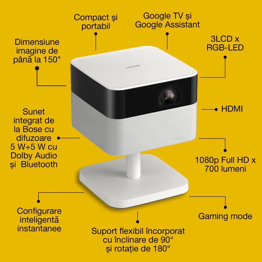 PROJECTOR EPSON EF-71 DIAMOND WHITE, Tehnologie 3LCD, LCD 0.62", Luminozitate: 700 lumeni, Rezolutie: 1080p, Aspect ratio: 16:9, Contrast: 5,000,000 : 1, Sursa lumina: LED, Durata de viata: 20.000 ore, Refresh rate: 192 Hz - 240 Hz, Suport HDR, Dimenziune ecran proiectie: 30"-150", Distanta — miniatură