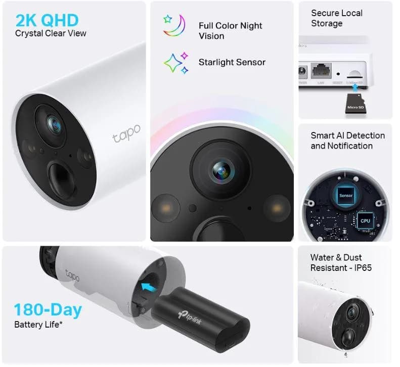 TP-Link camera Supraveghere WIFI, wireless TAPO C420S1, Senzor: 1/3", Rezolutie: 2K QHD (2560 × 1440 px), obiectiv: F/NO: 1.61±10%; Focal Length: 3.18mm±5%, Unghi de Vizualizare: 113°, Night Vision: IR 15m, 2- way audio, microfon si difuzor integrate, Standarde wireless: IEEE 802.11b/g/n, 2.4 GHz — miniatură