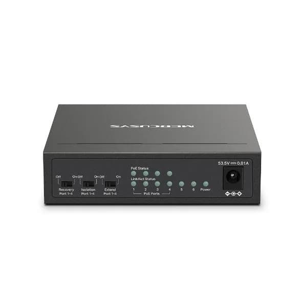 Mercusys Desktop Switch MS106LP 6 porturi 10/100Mbps, Standarde si protocoale IEEE 802.3x Flow Control, 4 porturi POE, buget POE 40W, dimensiuni: 99.8*98*25mm. — miniatură