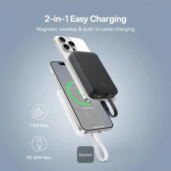POWER BANK Baseus Magnetic Mini Wireless, 10000mAh, 30W, 2 x USB Type-C output/input, 15W wireless charging, cablu integrat USB Type-C, negru, "P1002210B113-00" - 6932172642785 — miniatură