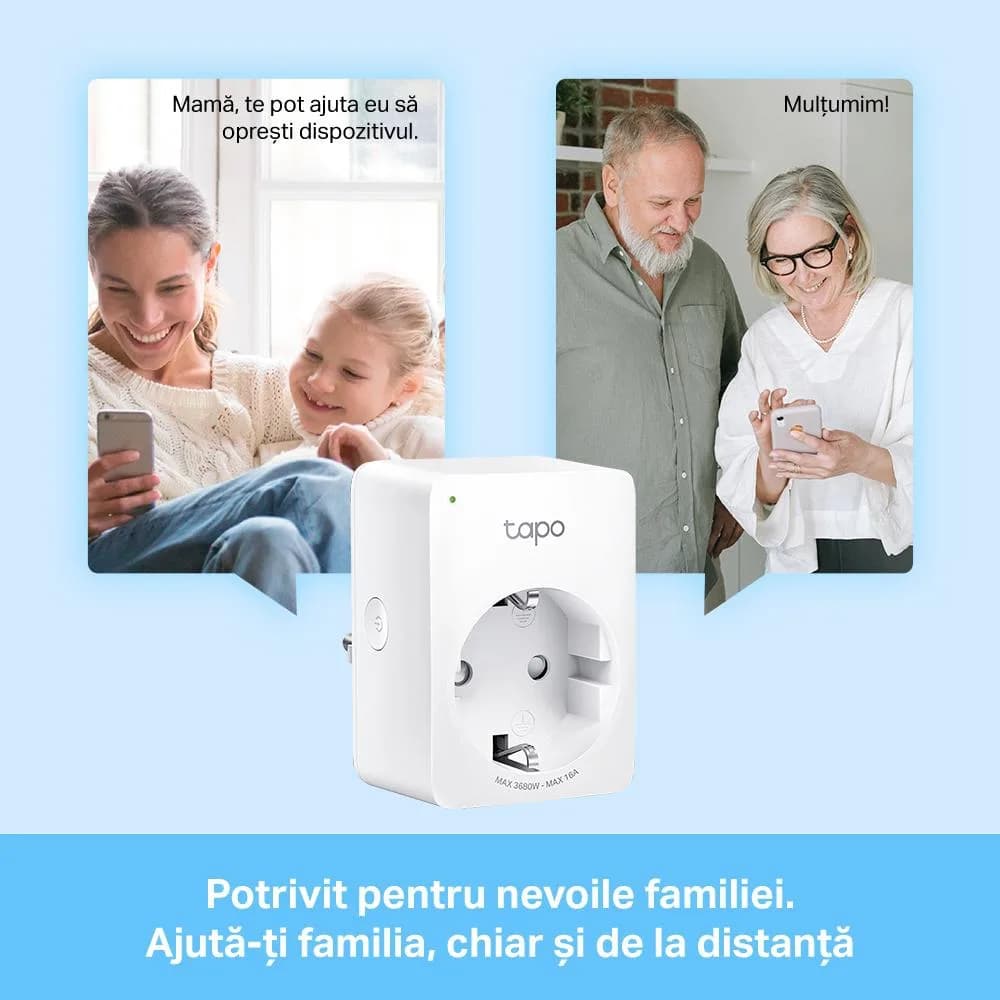 TP-Link MINI SMART WI-FI SOCKET TAPO P110(4-PACK), Protocol: IEEE 802.11b/g/n, Bluetooth 4.2 (doar pentru onboarding), 2.4 GHz, Cerințe de sistem: Android 4.4 sau o versiune mai recentă, iOS 9.0 sau o versiune mai recentă, Cerinte de alimentare: AC 220-240 V~50/60 Hz 10 A. — miniatură