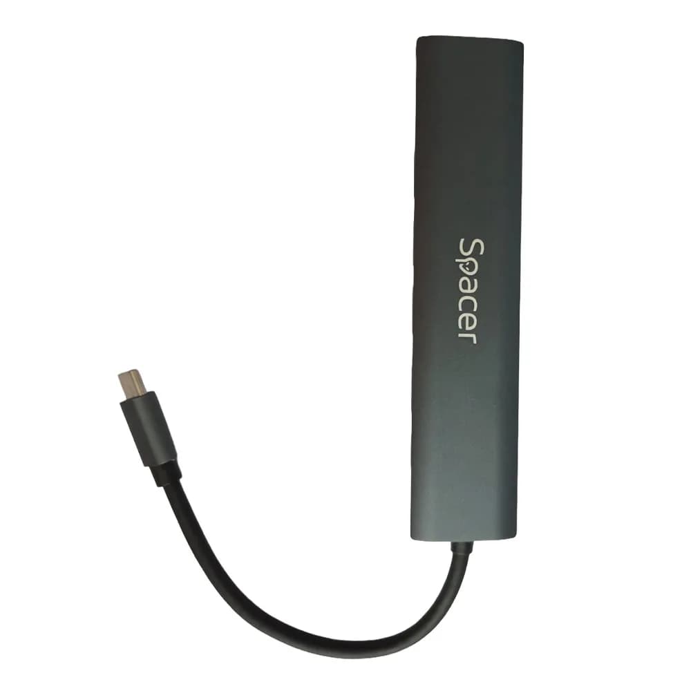 DOCKING Station Spacer universal 6 in 1, conectare Type-C, USB 3.0 x 3 |PD 3.0 x 1 (100W), 1x HDMI 4K (30Hz), 1xRJ45 Gigabit, gri, Aluminiu, "SPDS-TypeC-HUPG-6in1-04" — miniatură