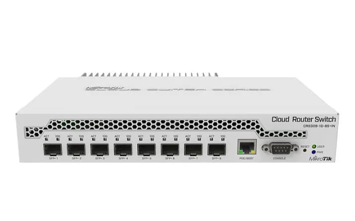 MIKROTIK ETHERNET SW 8P SFP+, CRS309-1G-8S+IN, Procesor: 98DX8208 Dual core, 800 MHz, Dimensiuni: 141 x 115 x 28 mm, RouterOS / SwitchOS, Memorie: 512Mb RAM, Stocare: 16MB Flash, PoE in: 802.3af/at, Interfata: 8 x 10/100/1000 SFP+, Port consolă: RS-232, Capacitate switch: 162 Gbit/s.