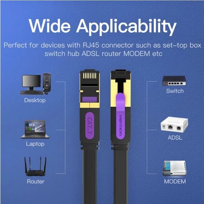 Patch Cord STP Vention, Cat. 7, 20m, flat cable, conductor cupru, viteza max transfer 10 Gbps, invelis PVC, negru, "ICABQ" - 6922794729896 — miniatură