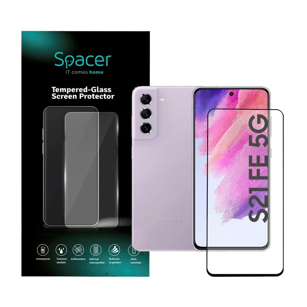 FOLIE STICLA Spacer pentru Samsung Galaxy S21 FE, grosime 0.3mm, acoperire totala ecran, strat special anti-ulei si anti-amprenta, Tempered Glass, sticla 9D, duritate 9H "SPPG-SM-GX-S21FE-TG"