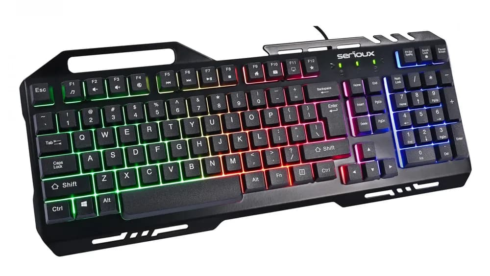 Kit Gaming Serioux Tobis 3 in 1, Tastatura de gaming, 104 taste, 7 taste Anti-ghosting, design slim, iluminare rainbow, structura metalica + taste negre, suport telefon, cablu USB 1.5M PVC, plug and play; Mouse gaming, senzor Sunplus 192, 1000-6400 DPI, switch HUANO, pana la 20 milioane de — miniatură