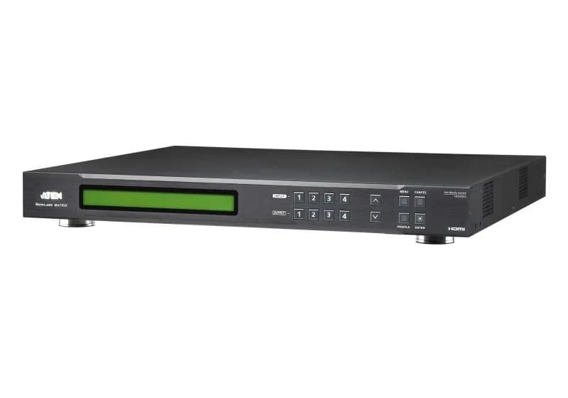 ATEN VM0404HA. Tipul de produs: Comutator matrice AV, Rata de transfer de date: 10,2 Gbit/s, Tact maxim pixel: 340 MHz. Culoare carcasă externă: Negru, Material carcasă: Metal. Conector USB: Micro-USB. Consum de energie (max): 9,62 W. Produse per cutie ambalaj (exterior): 3 buc., Greutate netă cutie