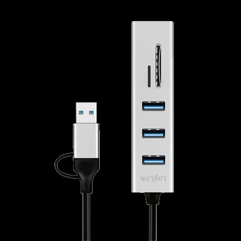 HUB extern LOGILINK, porturi USB: USB 3.0 x 3, conectare prin USB-C 3.0, adaptor conectare USB-A, SD/SDHC + microSD, metal, argintiu, "UA0445" — miniatură