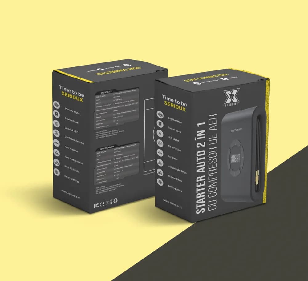 Starter auto cu compresor de aer Serioux, interval de presiune reglabil 3~150PSI/0,2~9,9BAR/20~990KPA, temperatura de functionare incărcare: 0° C~45°C, Descărcare: -20°C~60°C, temeperatura de depozitare 10 °C~50 °C, lungimea tubului de umflare 115 mm (inclusiv duza de umflare), capacitate acumulator — miniatură