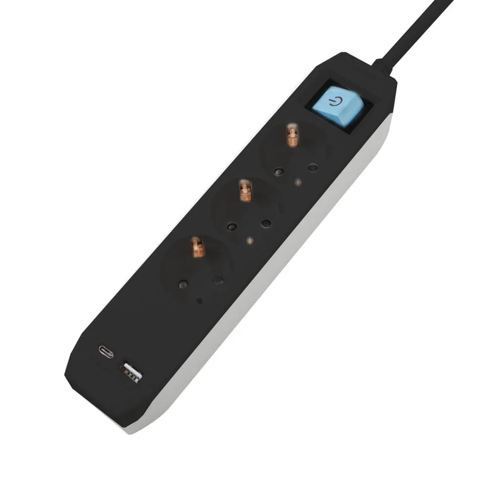 PRELUNGITOR SPACER, Schuko x 3, conectare prin Schuko (T),Type-C x1, USB x 1, 3.1A, cablu 4.5m, 16 A, max. 3500W,protectie copii, Intrerupator, Negru, "PP-3-45B-TC-USB"
