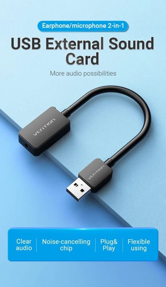 PLACA de SUNET Vention, extern, 2.1, interfata USB 2.0 (T) la 3.5mm Jack (M), cablu 0.15cm, negru, "CDZB0" — miniatură
