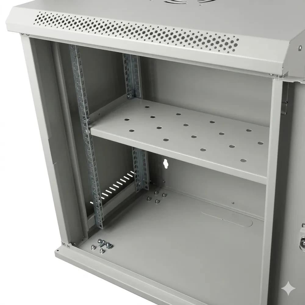 CABINET 19" SPACER 12U 500x400mm, fixare pe perete, Flatpack (dezasamblat), Grey, usa sticla cu blocare, panouri detasabile, otel 1mm, sarcina maxima 25Kg, contine un raft si roti, "SPCW-12U-400-GR-02" — miniatură