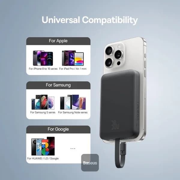 POWER BANK Baseus Magnetic Mini Wireless, 10000mAh, 30W, 2 x USB Type-C output/input, 15W wireless charging, cablu integrat USB Type-C, negru, "P1002210B113-00" - 6932172642785 — miniatură
