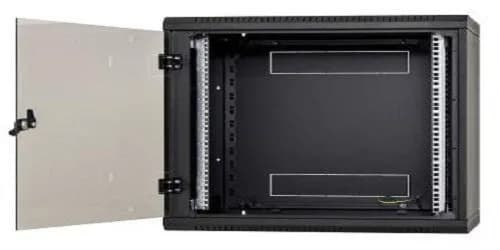 Rack de perete Triton sectiune simpla 6U 500mm adancime usa sticla panouri laterale fixe sectiuni ventilatie activa, sectiuni acces cabluri sus/jos/spate securizare cu cheie, 1 pereche montanti reglabili IP30 negru