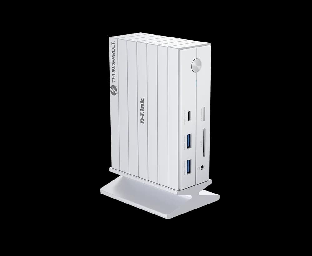 DOCKING STATION D-LINK, 14-in-1 Thunderbolt 4, conectare PC Type-C, porturi: 1xjack 3.5,1xSD/microSD slot, 3xUSB, 2xUSB 3.1, 1xUSB Type-C, 1xGigabit RJ45, 1xThunderbolt 4, 1xHDMI 2.1 8K/30Hz, 1xDP 1.4 8K/30Hz, alb "DUF-E01" — miniatură