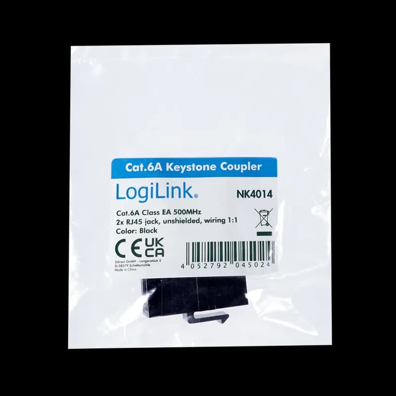 CUPLA RJ-45 LOGILINK pt. cablu UTP, Cat6a, 2 x RJ-45 (T), neecranat, montare prin clipsare, keystone, latime 14.7mm, "NK4014" — miniatură