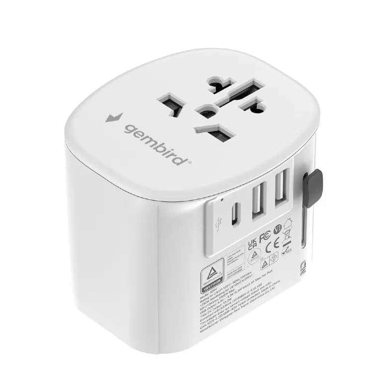 ADAPTOR GEMBIRD, universal, conectori: US/UK/EU/AU, 1x USB Type-C 15W, 2x USB-A 12W, siguranta 10A, max. 2300W, alb, "TPA-EU2A1C15-01-W"