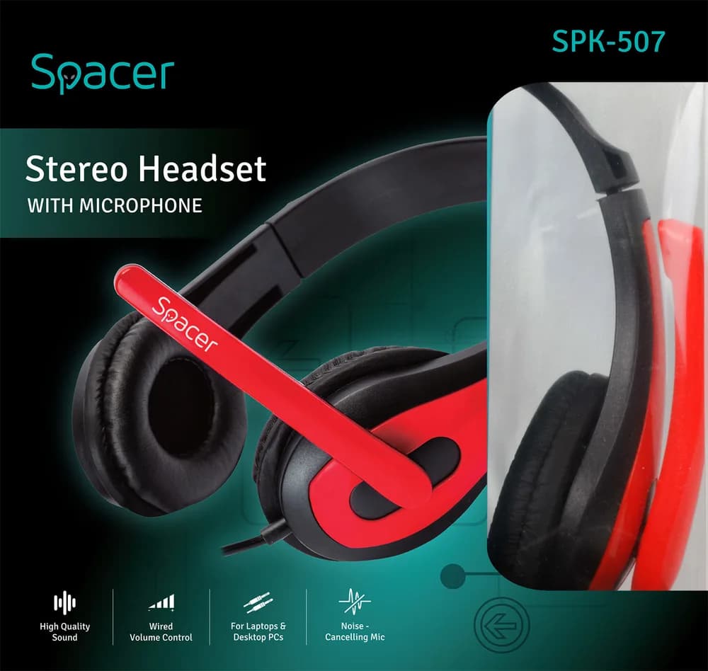 CASTI Spacer, cu fir, standard, utilizare multimedia, microfon pe brat, conectare prin Jack 3.5 mm x 2, negru / rosu, "SPK-507" — miniatură