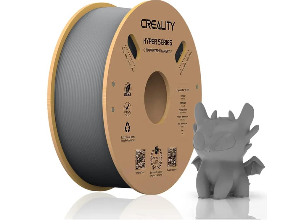 CREALITY HYPER PLA 3D Printer Filament, Grey, Temperatura printare: 200-220 grade celsius, Diametru filament: 1.75mm, Tensile strength: 52.99MPa, Bending strenght:92.38Mpa Dimensiuni rola filament: Diametru 200mm, inaltime 70mm, gaura centrala 56mm, viteza printare: pana la 600mm/s